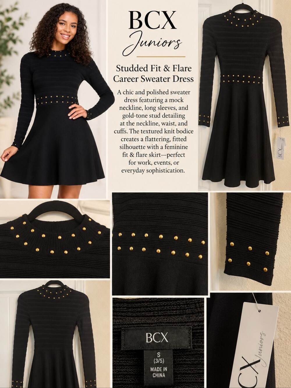 NWT BCX Juniors Studded Fit & Flare Career Sweater Dress